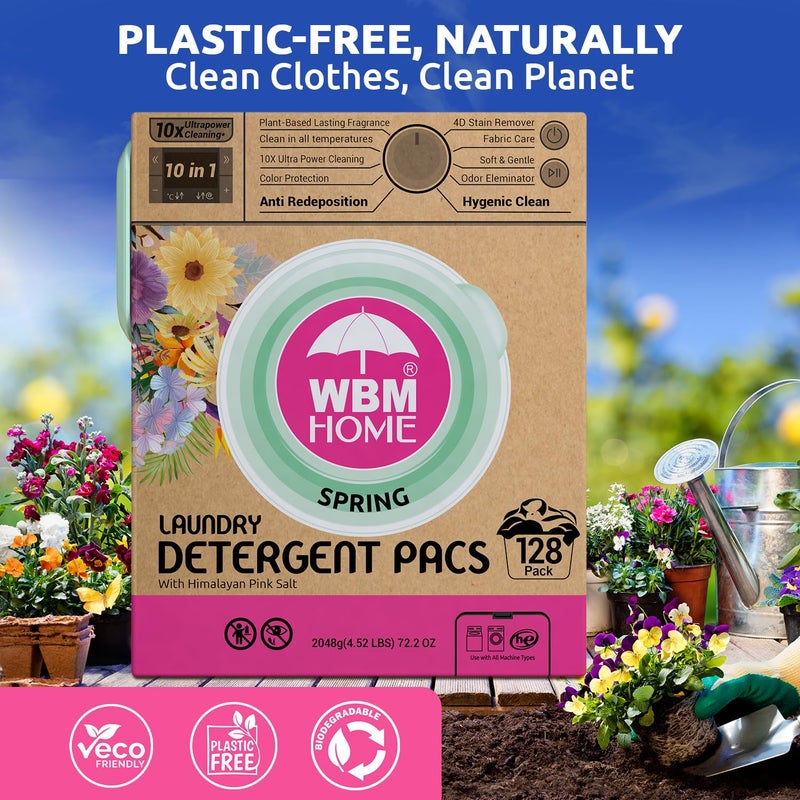 WBM Home Laundry Detergent Pods, Spring Fragrance Scent, 128 Count - HE Concentrated Laundry Pods With 10x Ultrapower Cleaning and 4D Laundry Stain Remover - Image 4